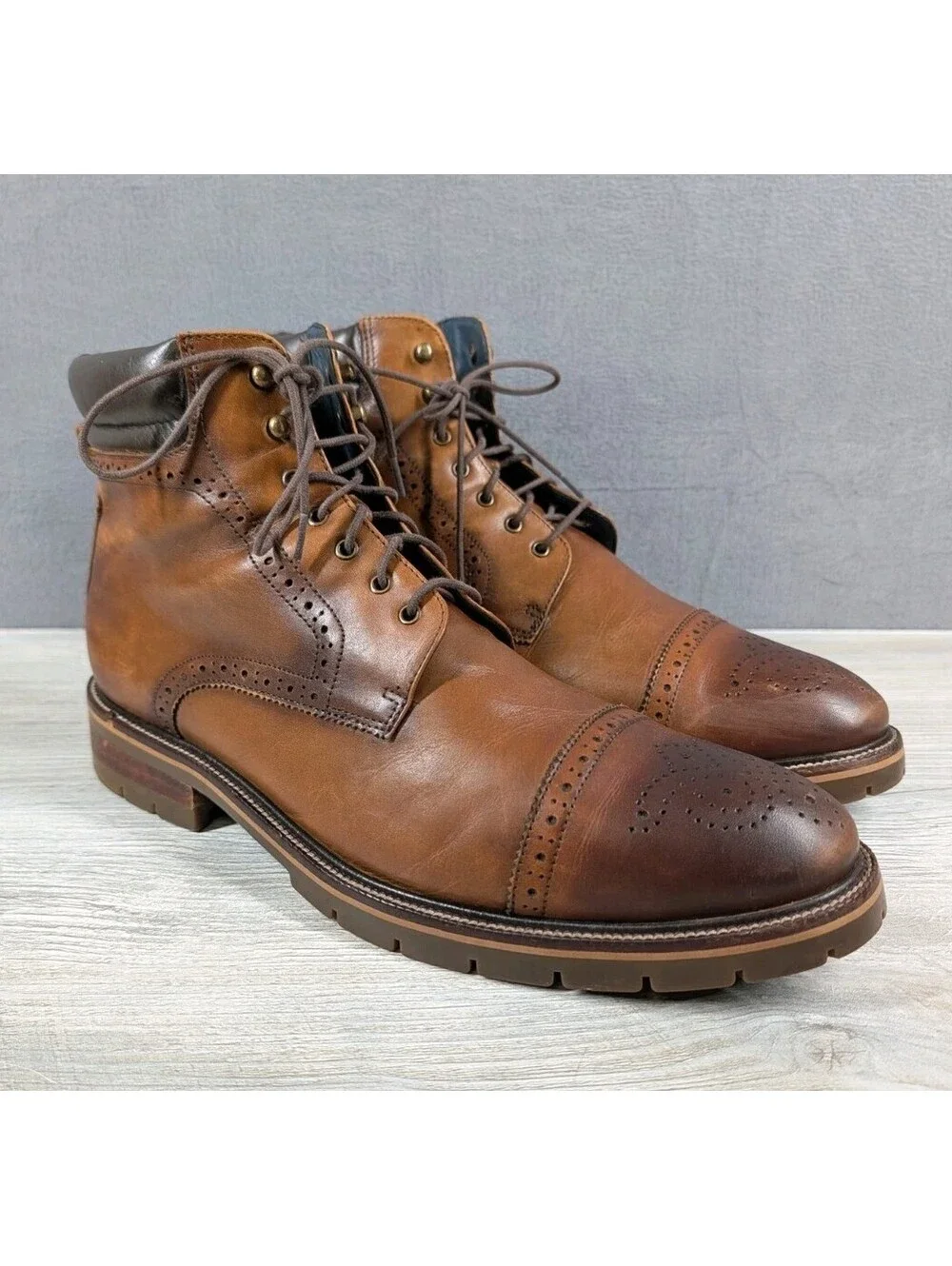 Johnston Murphy Mens 13M Brown Leather Cap Toe Brogue XC Flex Ankle Boots Lug